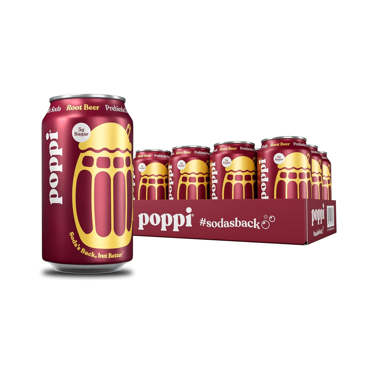 poppi root beer soda cans in 12 pack packaging