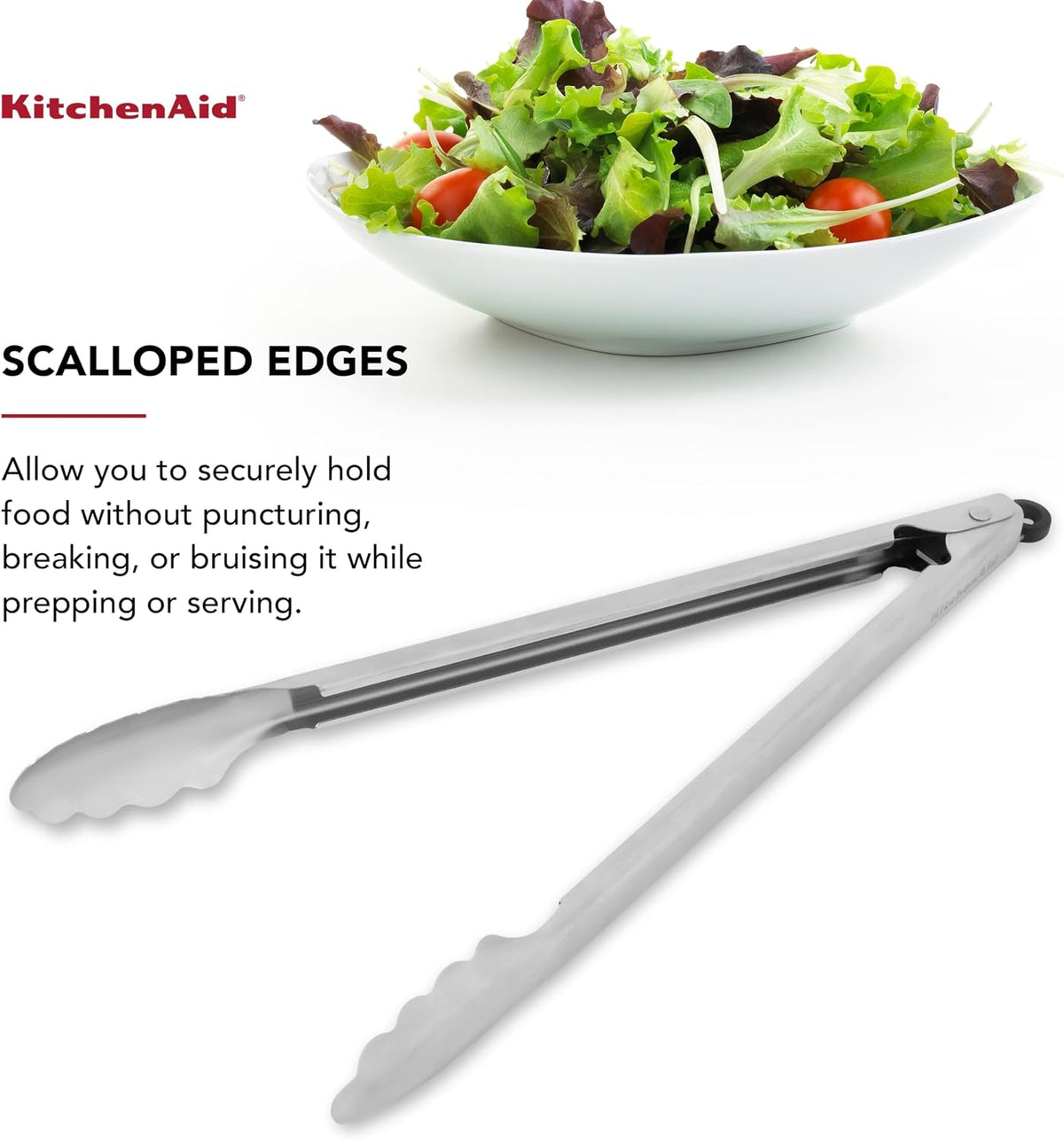 Locking KitchenAid stainless steel tongs for drawer storage