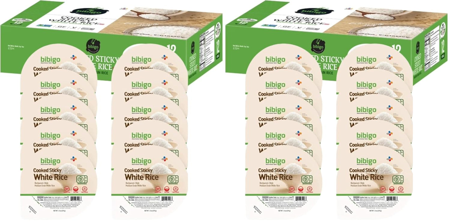 bibigo Cooked Sticky White Rice Bowls, Medium Grain, 7.4 oz, 12 ct