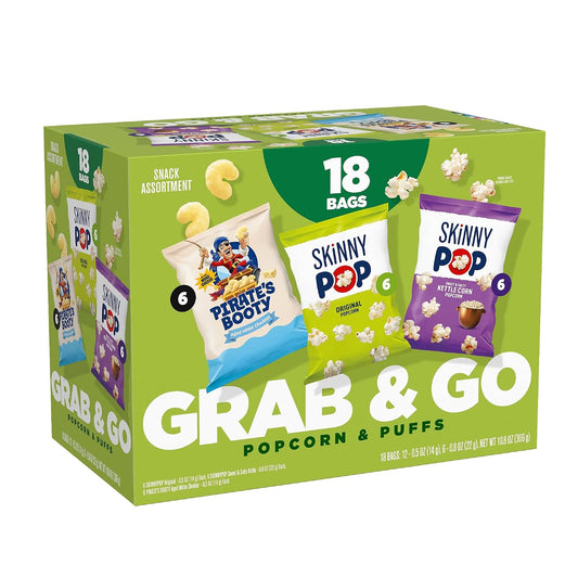 SkinnyPop popcorn and Pirate's Booty cheese puffs box