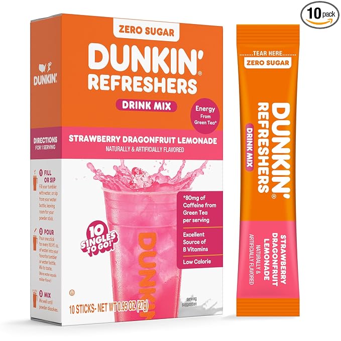 Singles To Go Dunkin Refreshers Strawberry Dragonfruit Lemonade 10 ct box