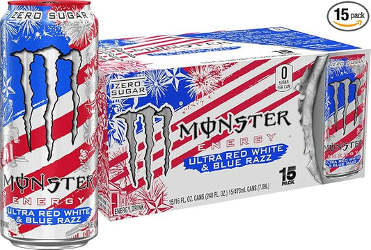 Monster Ultra Red White and Blue Razz sugar free energy drink pack