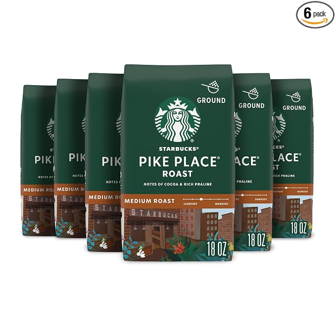 Starbucks Pike Place Roast ground coffee, six 18 oz bags