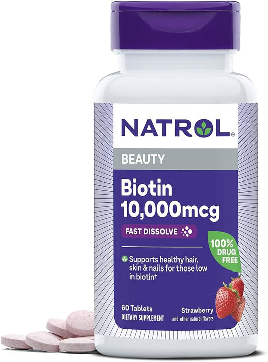Natrol Biotin 10000mcg fast dissolve supplement bottle