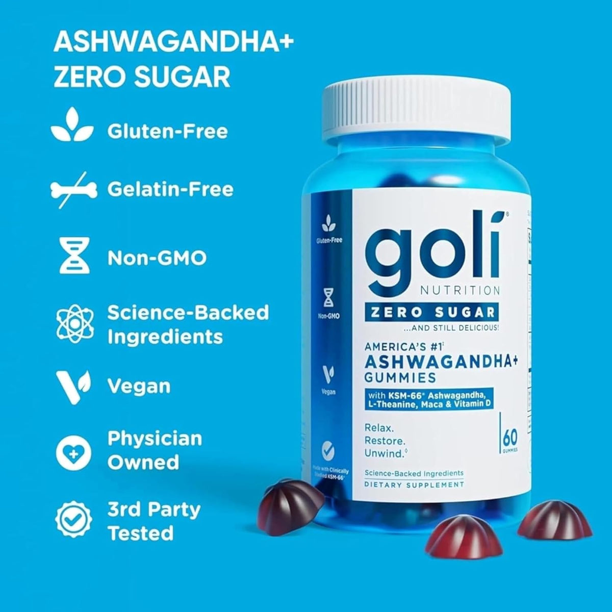 Zero sugar ashwagandha gummy supplement by Goli
