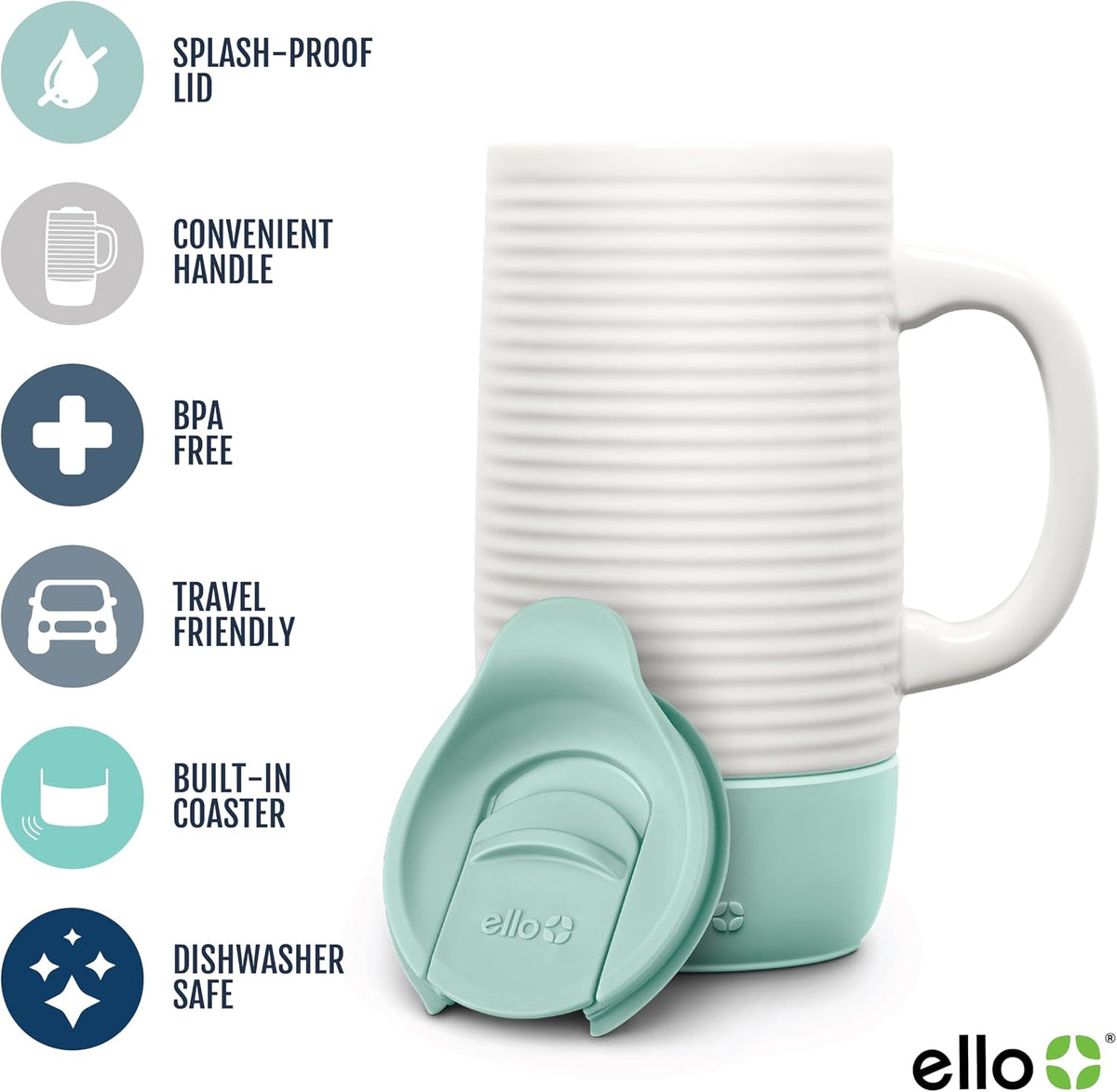 Ello Jane mug with splash-resistant lid and coaster