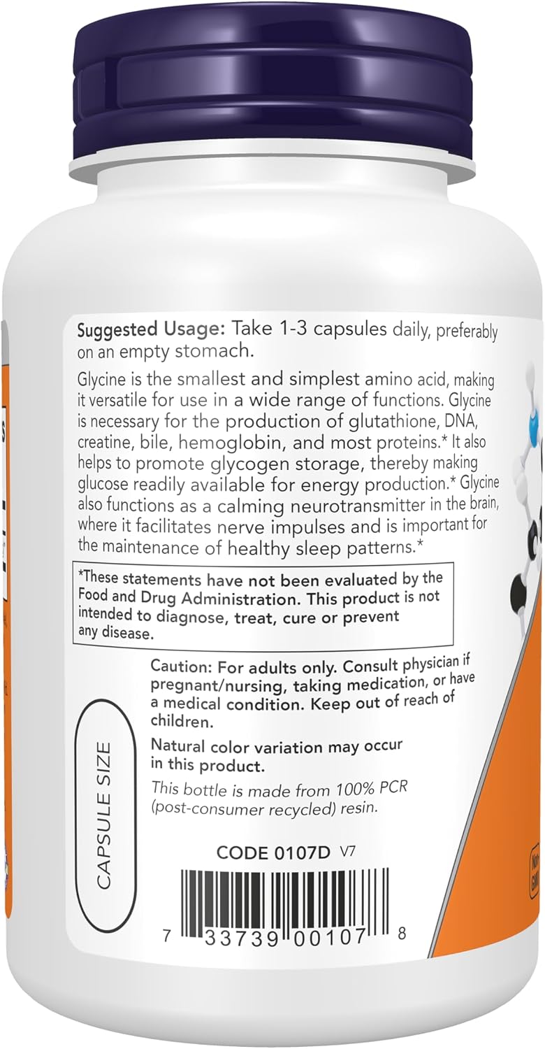 NOW glycine supplement bottle details