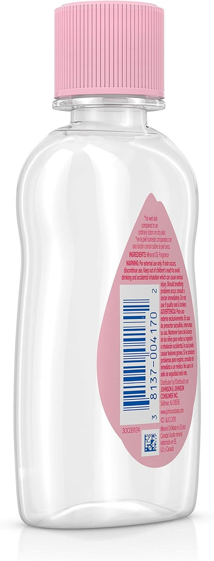 Johnson's Baby Oil, Pure Mineral Oil to Prevent Moisture Loss for Newborn, Kids, & Adults, Gentle, Soothing Baby Massage Oil, Dry Skin Relief, Hypoallergenic, Original Scent, Baby Essentials, 3 fl. oz