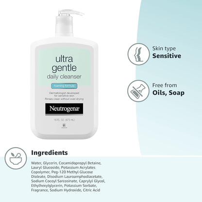 Neutrogena Ultra Gentle Foaming Facial Cleanser, Fragrance Free Hydrating Face Wash for Sensitive Skin, Daily Non Over Drying Makeup Remover, Hypoallergenic, Soap & Dye Free, Non-Comedogenic, 16 Fl Oz