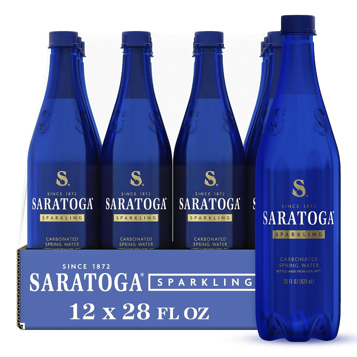 Saratoga carbonated spring water in cobalt blue bottle
