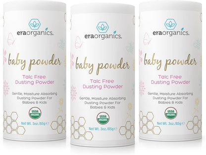 Visit the Era Organics Store — Era Organics Talc-Free Organic Baby Powder - USDA Organic Dusting Powder with Arrowroot, Calendula and Cornstarch for Newborns, Babies or Toddlers - Soothing, Fragrance Free, Made in USA (3oz/85g)