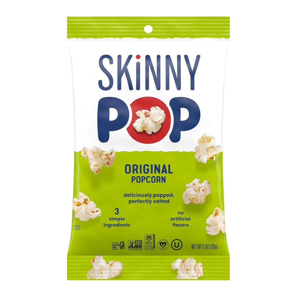 SkinnyPop Original popcorn with 150 calories per bag