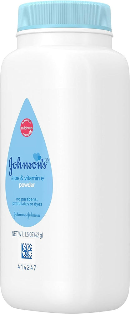 Johnson's Baby Cornstarch Baby Powder with Aloe and Vitamin E for Delicate Skin, Hypoallergenic, No Addded Parabens, and Dyes for Gentle Baby Skin Care, Baby Essentials, 1.5 oz