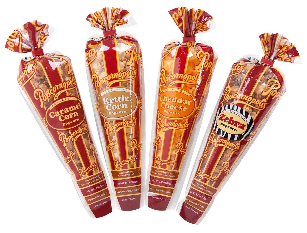 Popcornopolis snack pack assorted popcorn flavors in individual cones