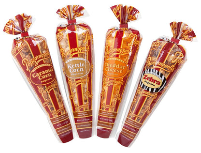 Popcornopolis snack pack assorted popcorn flavors in individual cones