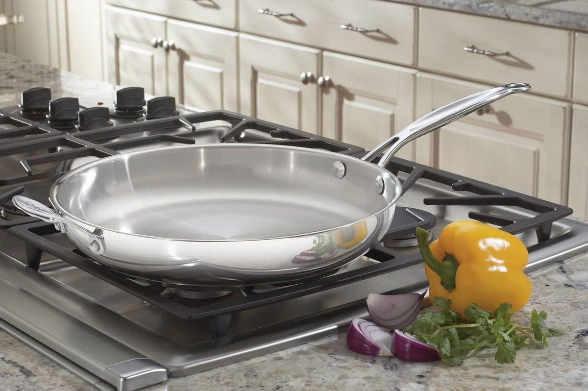 Stainless steel sauté pan with sloped sides