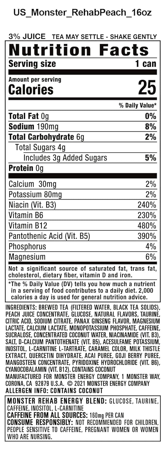 Monster peach tea energy drink beverage detail