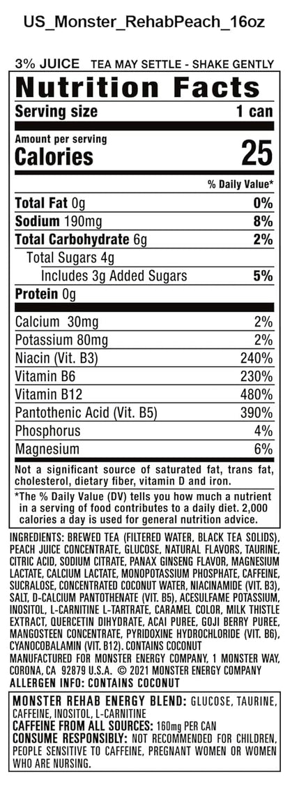Monster peach tea energy drink beverage detail