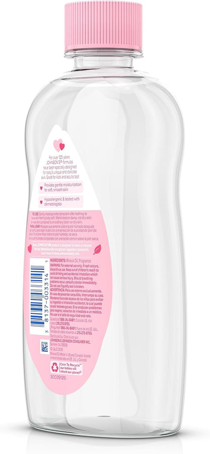Johnson's Baby Oil, Pure Mineral Oil to Prevent Moisture Loss for Newborn, Kids, & Adults, Gentle, Soothing Baby Massage Oil, Dry Skin Relief, Hypoallergenic, Original Scent, Baby Essentials, 3 fl. oz