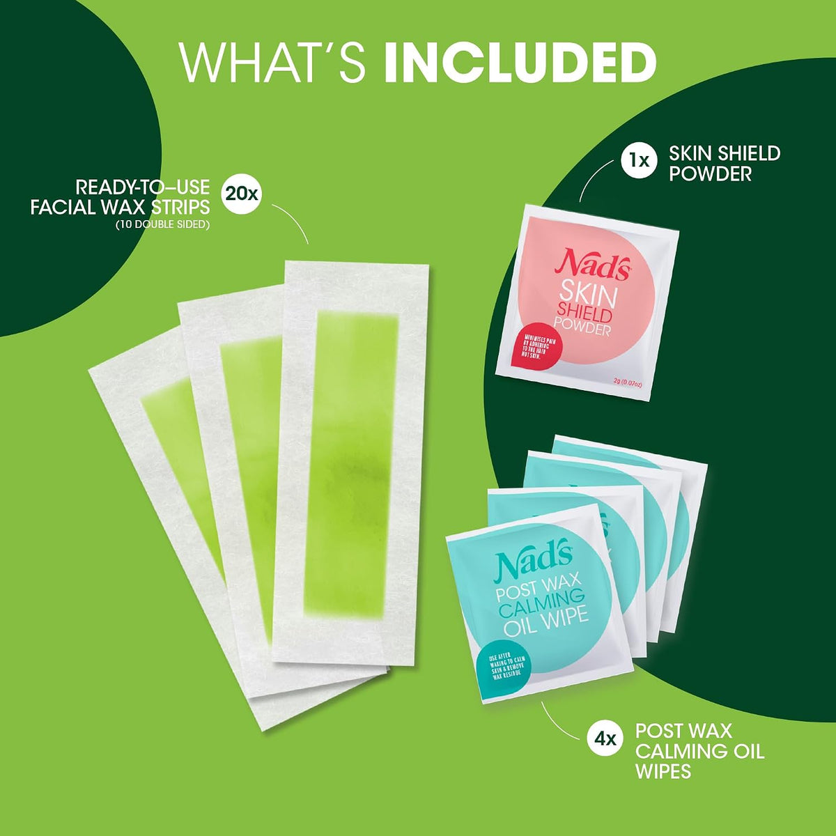 Facial hair removal wax strips with calming wipes