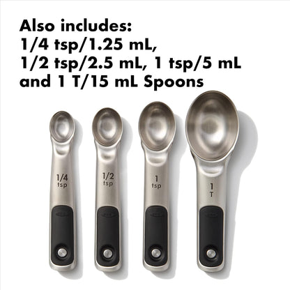 Stainless steel measuring cups and spoons with etched markings
