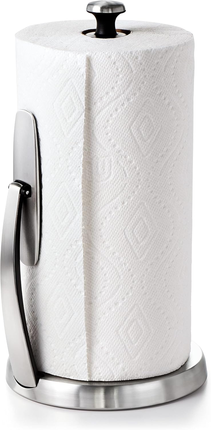 Brushed stainless steel OXO paper towel holder for kitchen