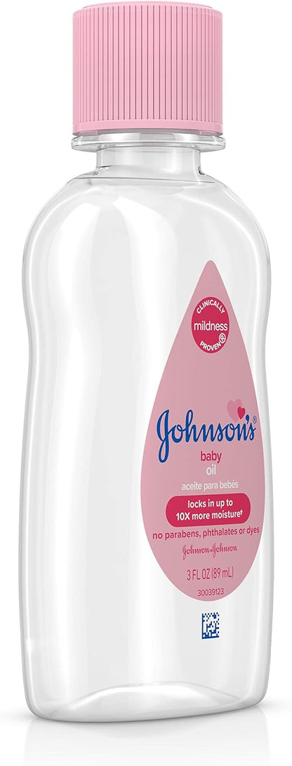Johnson's Baby Oil, Pure Mineral Oil to Prevent Moisture Loss for Newborn, Kids, & Adults, Gentle, Soothing Baby Massage Oil, Dry Skin Relief, Hypoallergenic, Original Scent, Baby Essentials, 3 fl. oz