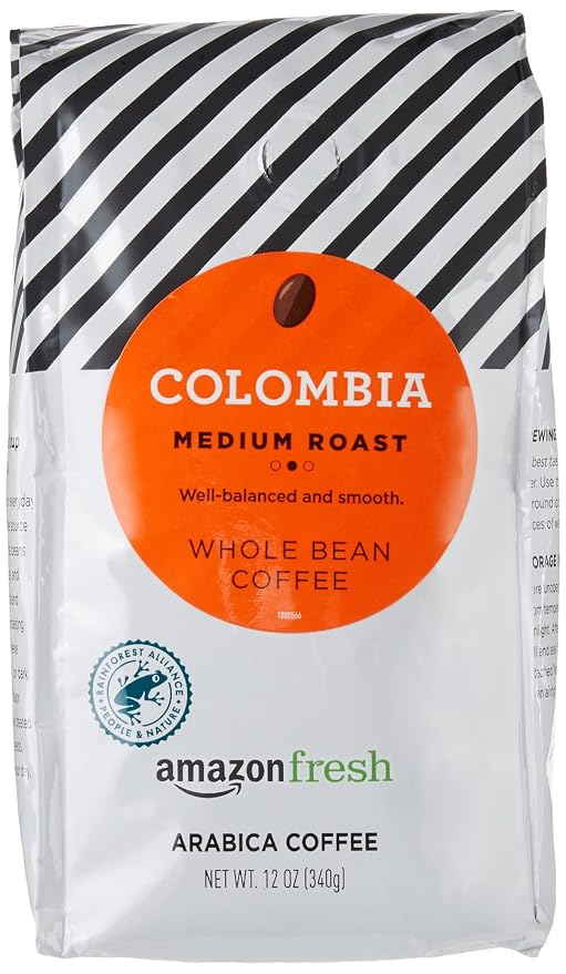 Amazon Fresh Colombia medium roast whole bean coffee bag