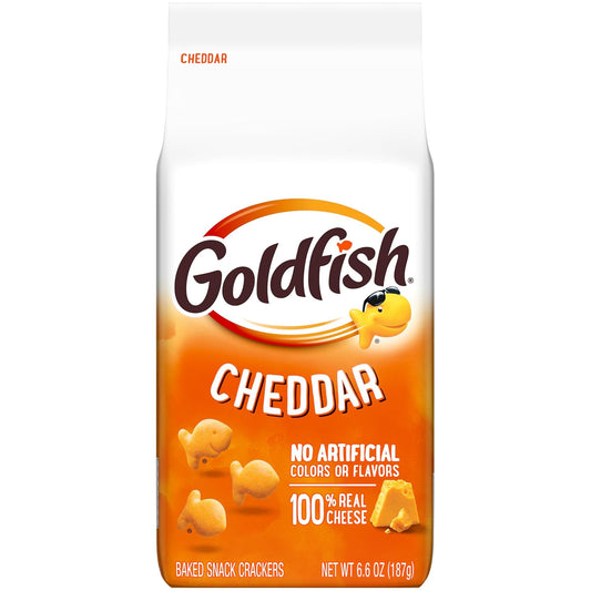 Goldfish cheddar crackers snack bag front view
