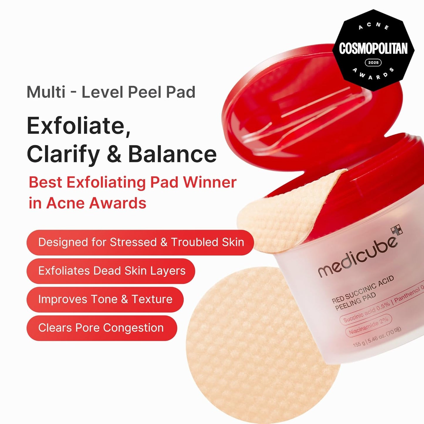 medicube Toner Pads Zero Pore Pad 2.0 | Dual-Textured Facial Pad for Exfoliation and Pore Care with 4.5% AHA Lactic Acid, 0.45% BHA Salicylic Acid | Ideal for All, Korean Skin Care, 70 Pads (1 Pack)