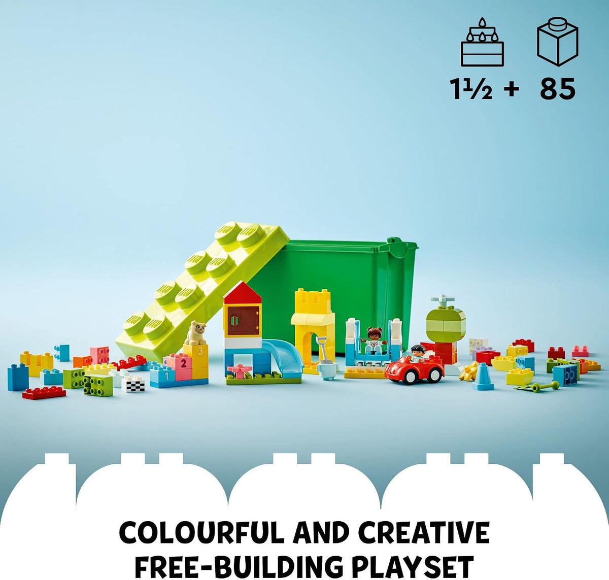 Open LEGO DUPLO brick box with 85 pieces