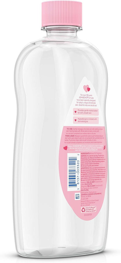 Johnson's Baby Oil, Pure Mineral Oil to Prevent Moisture Loss for Newborn, Kids, & Adults, Gentle, Soothing Baby Massage Oil, Dry Skin Relief, Hypoallergenic, Original Scent, Baby Essentials, 3 fl. oz
