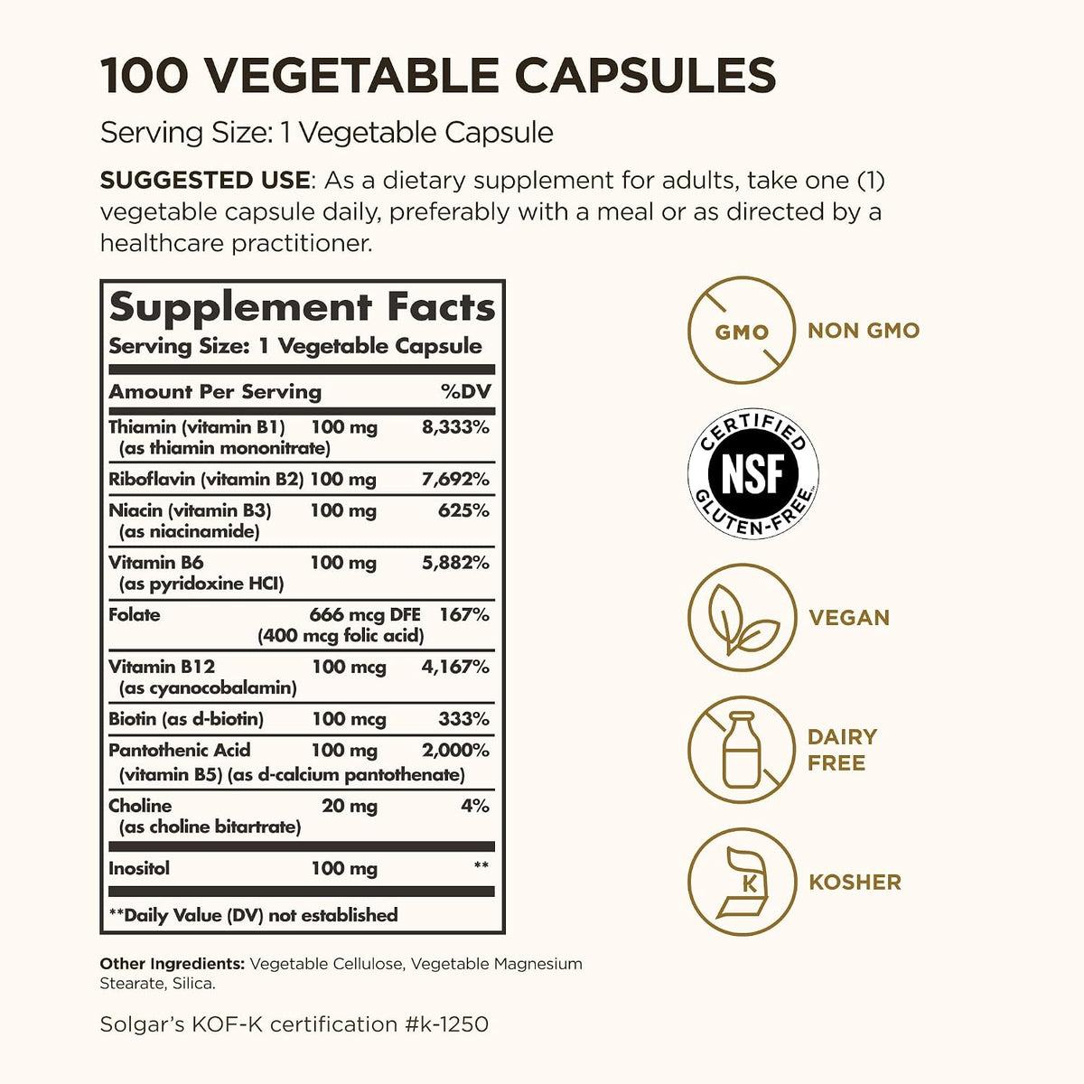Solgar B-Complex 100 non-GMO capsule bottle