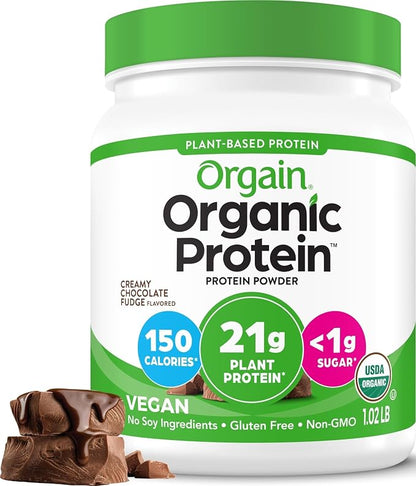 Orgain organic chocolate vegan protein powder front label