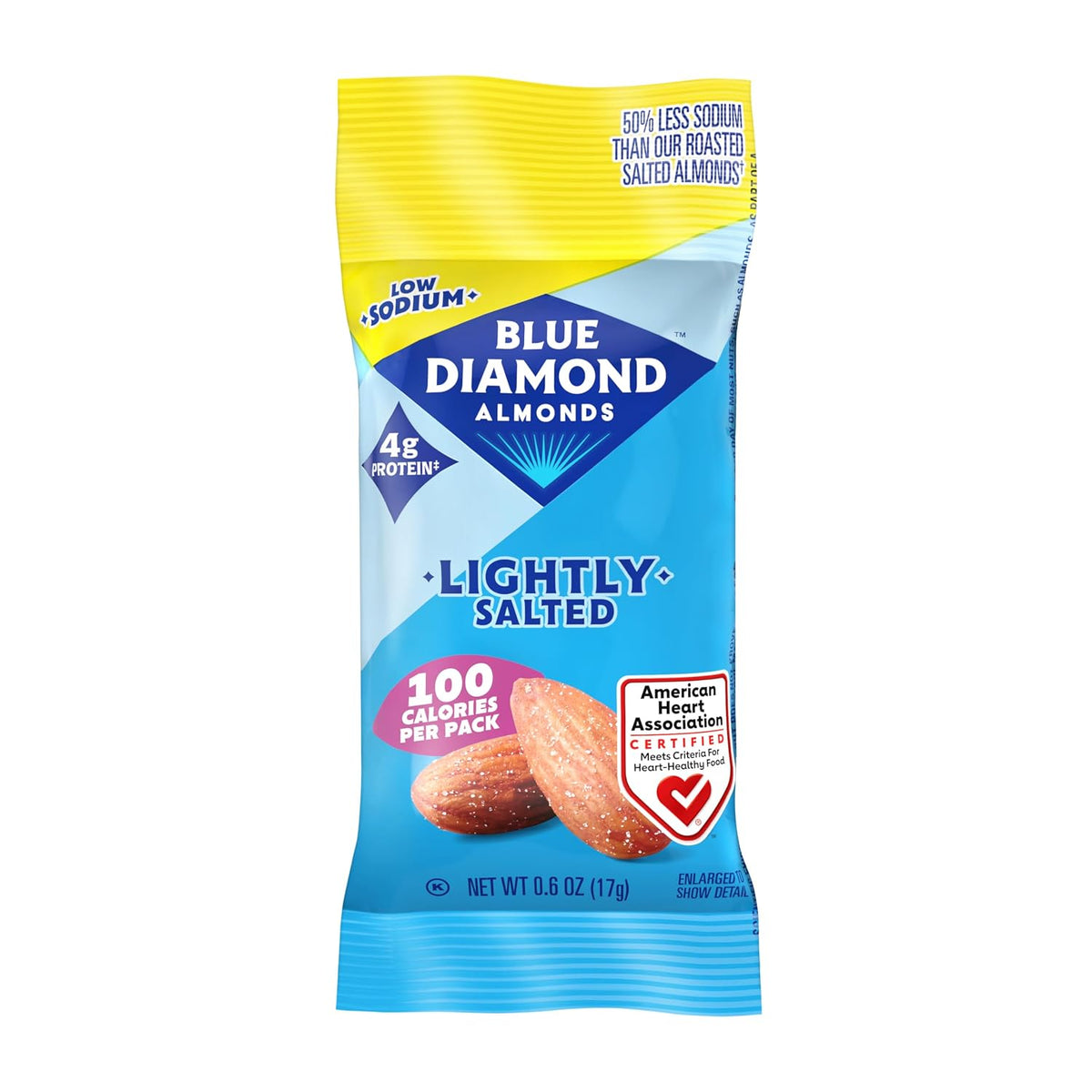 Low sodium Blue Diamond premium almonds snack packaging