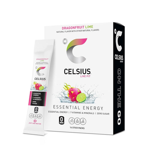 CELSIUS On-The-Go Powder Sticks Dragonfruit Lime packaging