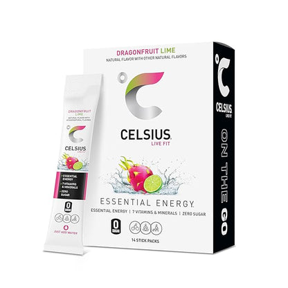 CELSIUS Dragonfruit Lime energy powder sticks box