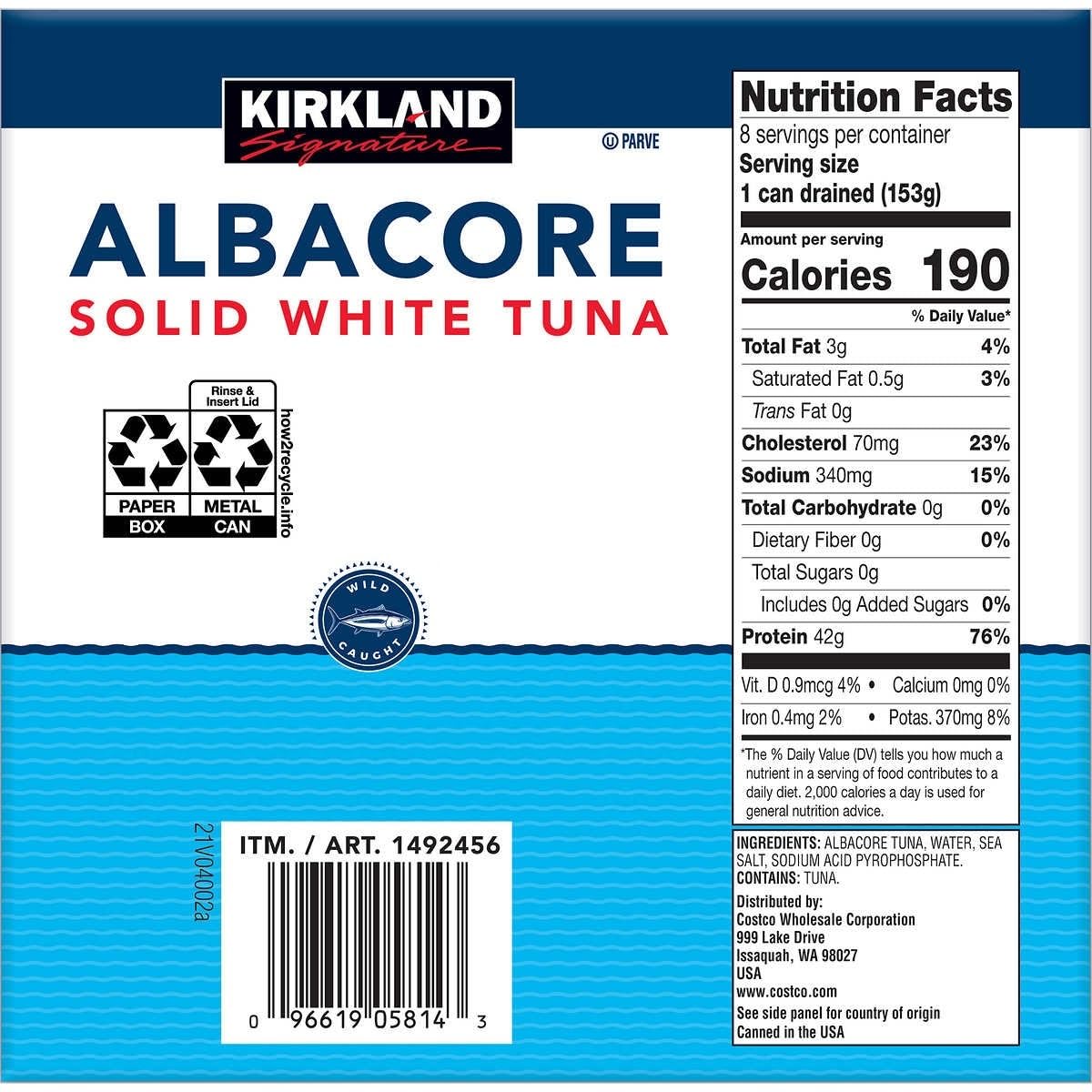 Kirkland Signature Albacore Solid White Tuna in Water, 7 Ounce (Pack of 8)