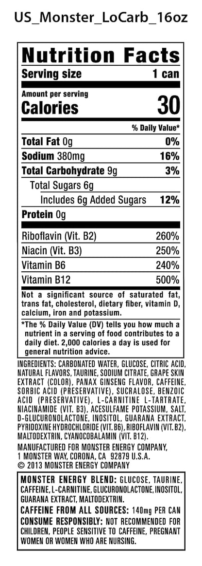 Monster Energy Lo-Carb 16 ounce can pack