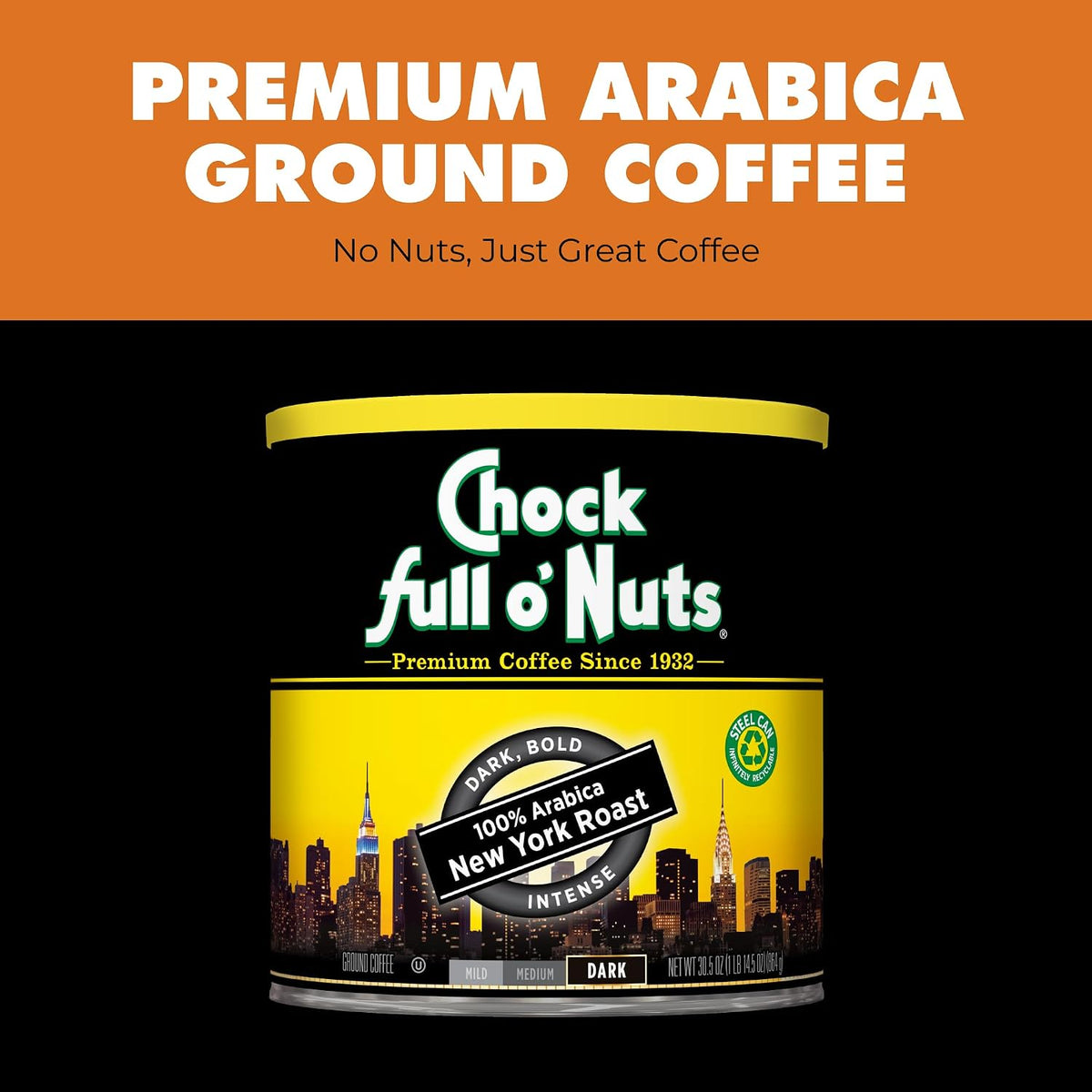 Dark roast ground coffee for drip pour-over and percolator