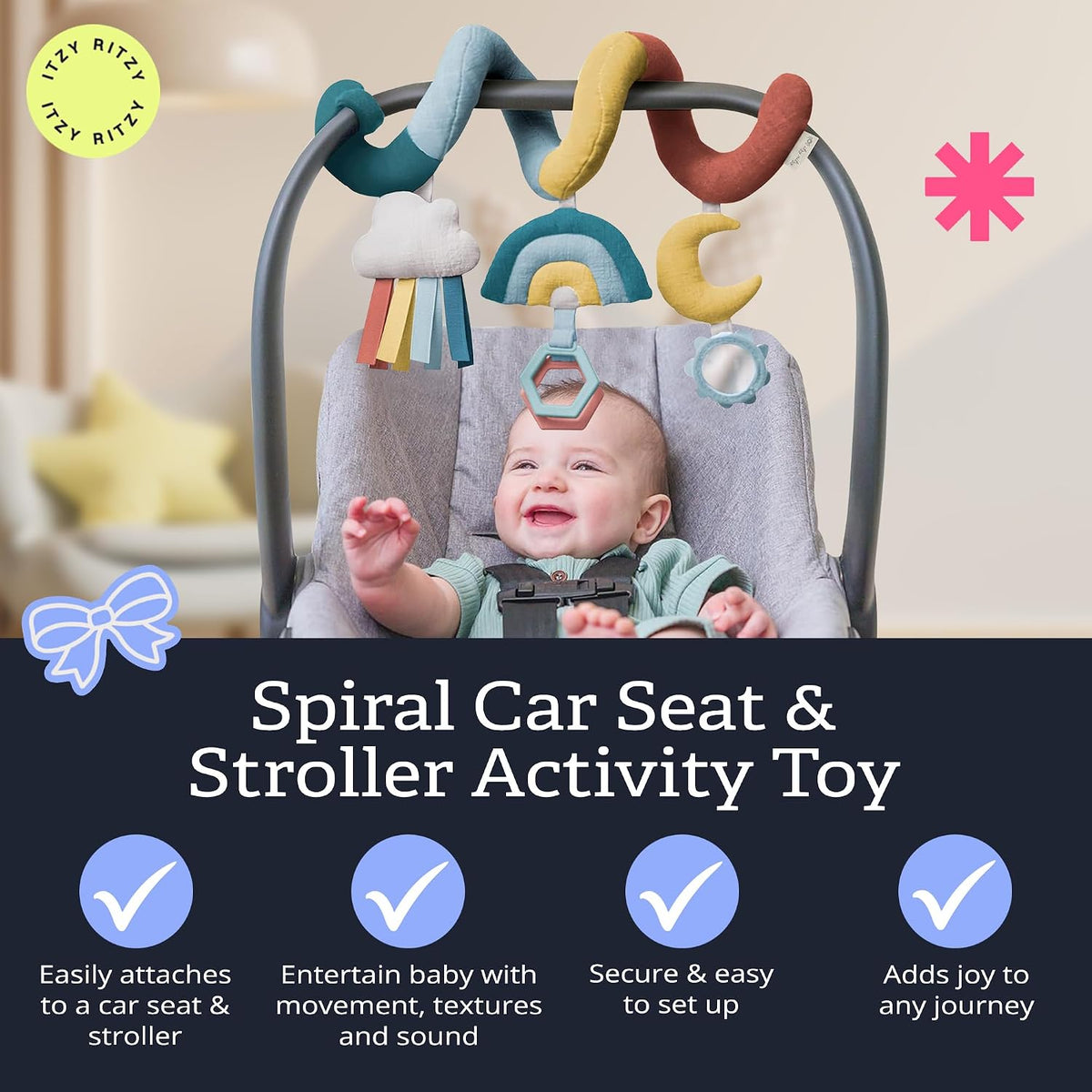 Baby car seat sensory toy with ribbons and mirror