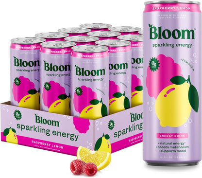 Bloom Nutrition sparkling energy drink cans Raspberry Lemon