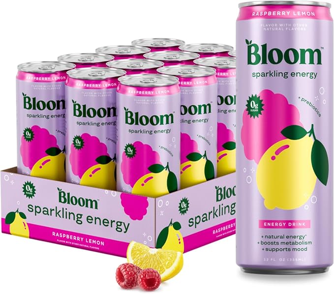 Bloom Nutrition Raspberry Lemon zero sugar energy drink 12 pack