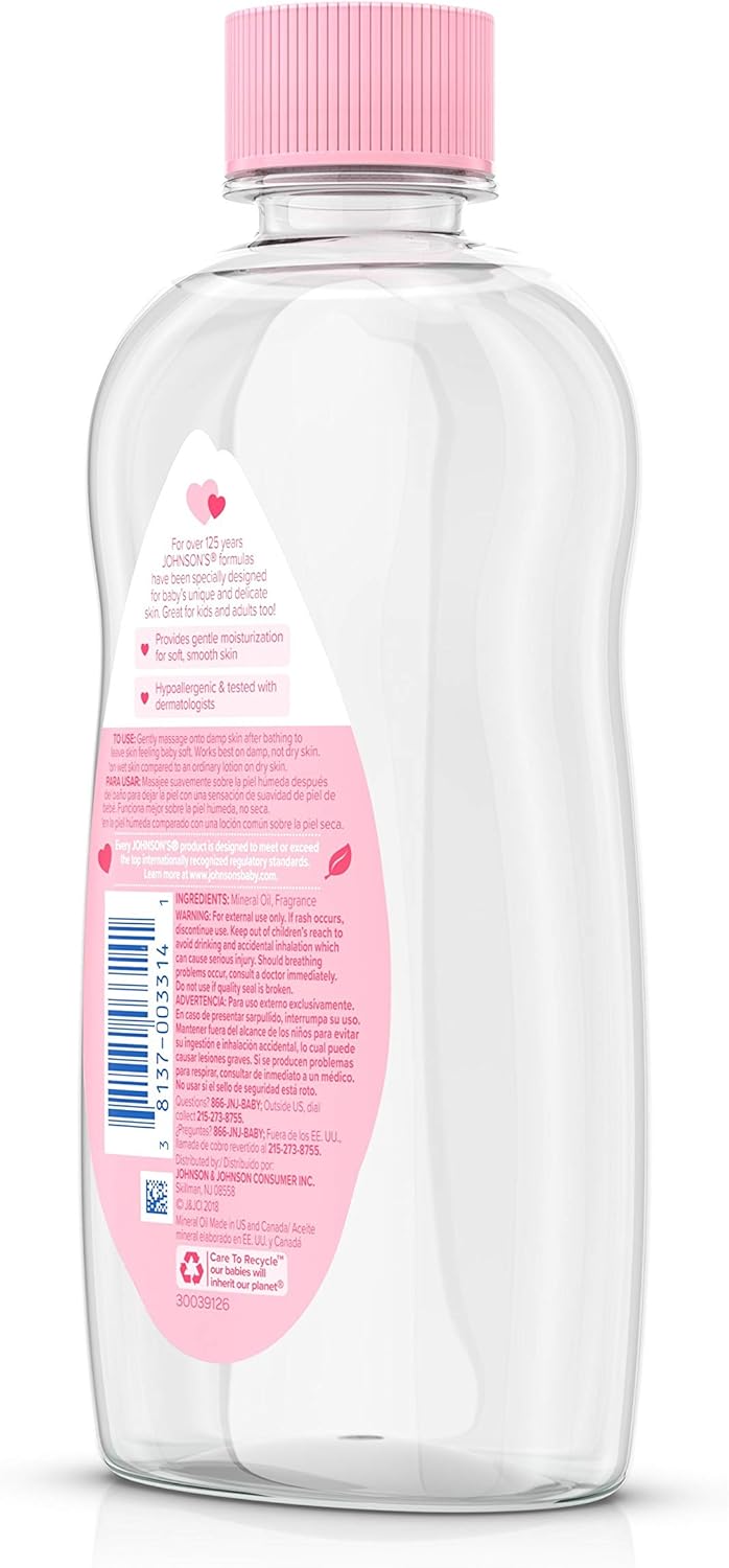 Johnson's Baby Oil, Pure Mineral Oil to Prevent Moisture Loss for Newborn, Kids, & Adults, Gentle, Soothing Baby Massage Oil, Dry Skin Relief, Hypoallergenic, Original Scent, Baby Essentials, 3 fl. oz