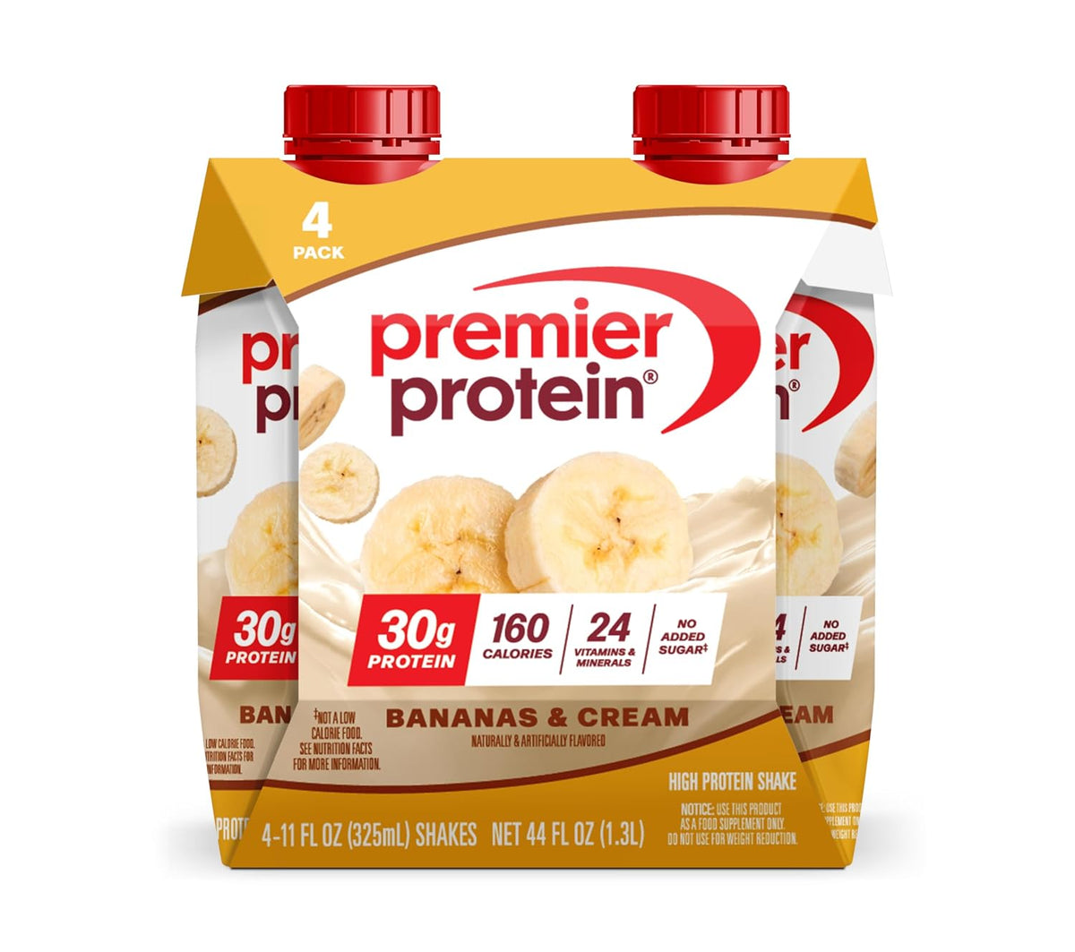 Premier Protein high protein shake bottles in banana cream flavor