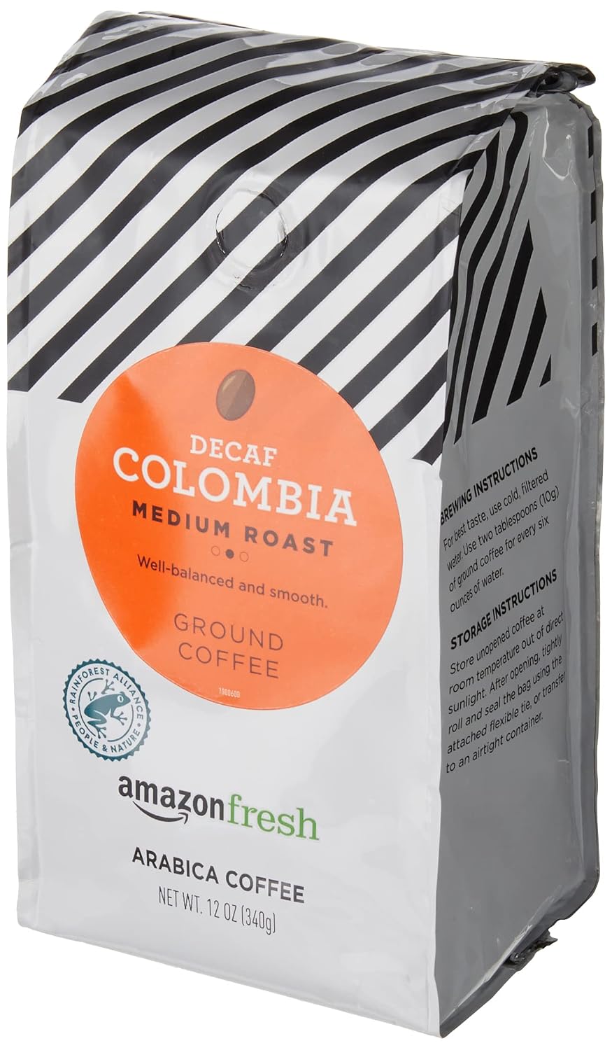Amazon Fresh 100% Arabica decaf ground coffee packaging