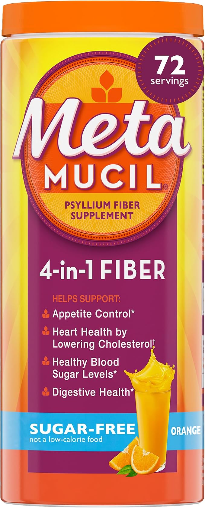 Metamucil sugar-free orange psyllium fiber powder container