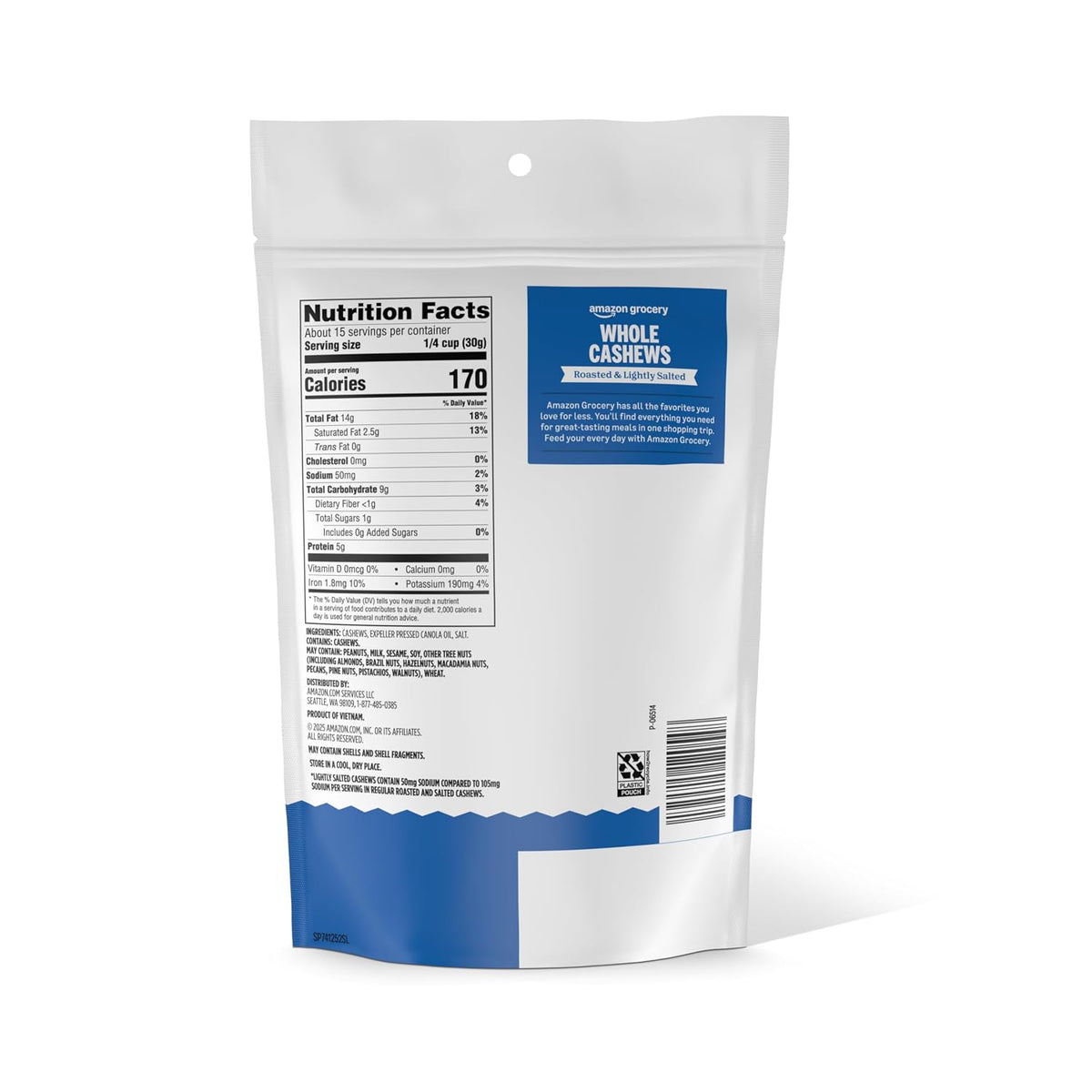 Lightly salted whole cashews pantry snack