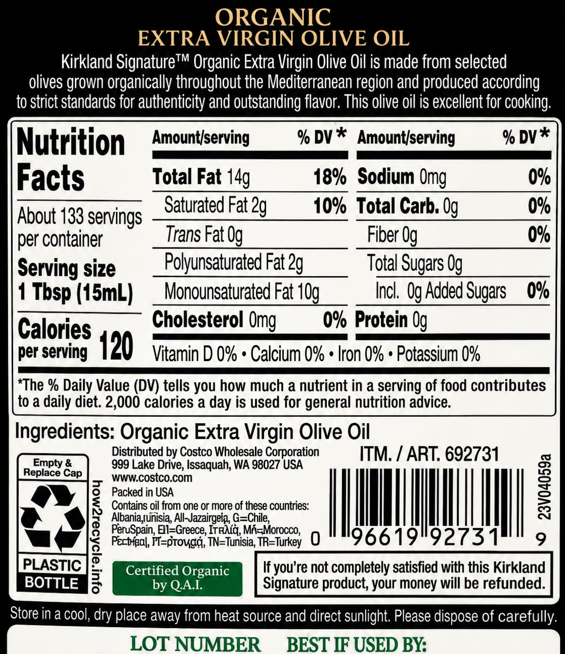 Kirkland Signature Organic Extra Virgin Olive Oil 2L (2QT 3.6 fl. oz), Set of 2