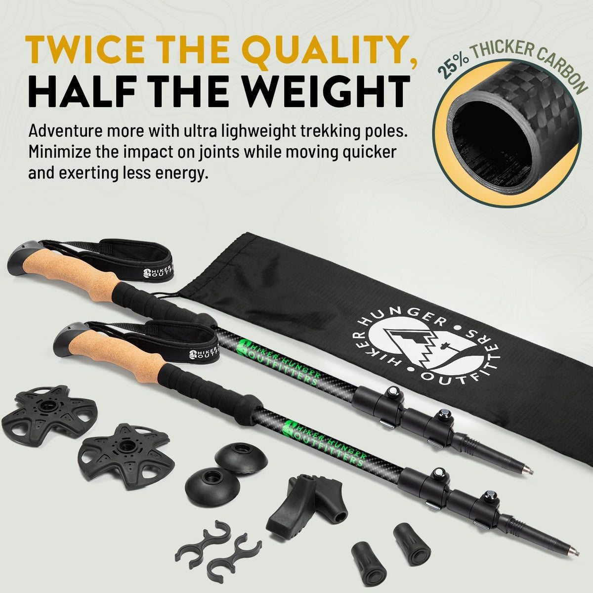 Carbon fiber trekking poles with cork and EVA foam grips